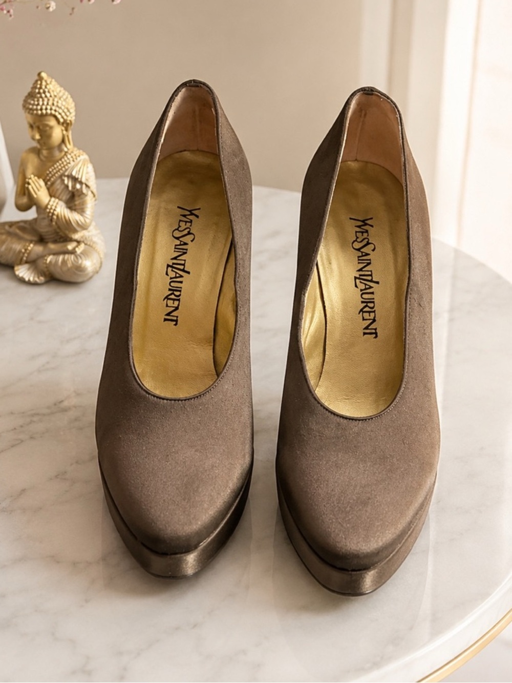 Yves Saint Laurent Brown Satin Platform Pumps | Round Toe | High Heels